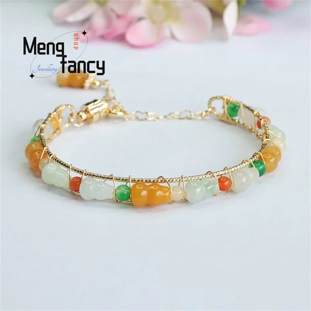 

Natural Jadeite Fortune and Longevity Gourd Colourful String Bracelet Exquisite Elegant Simple High-grade Luxury Quality Jewelry