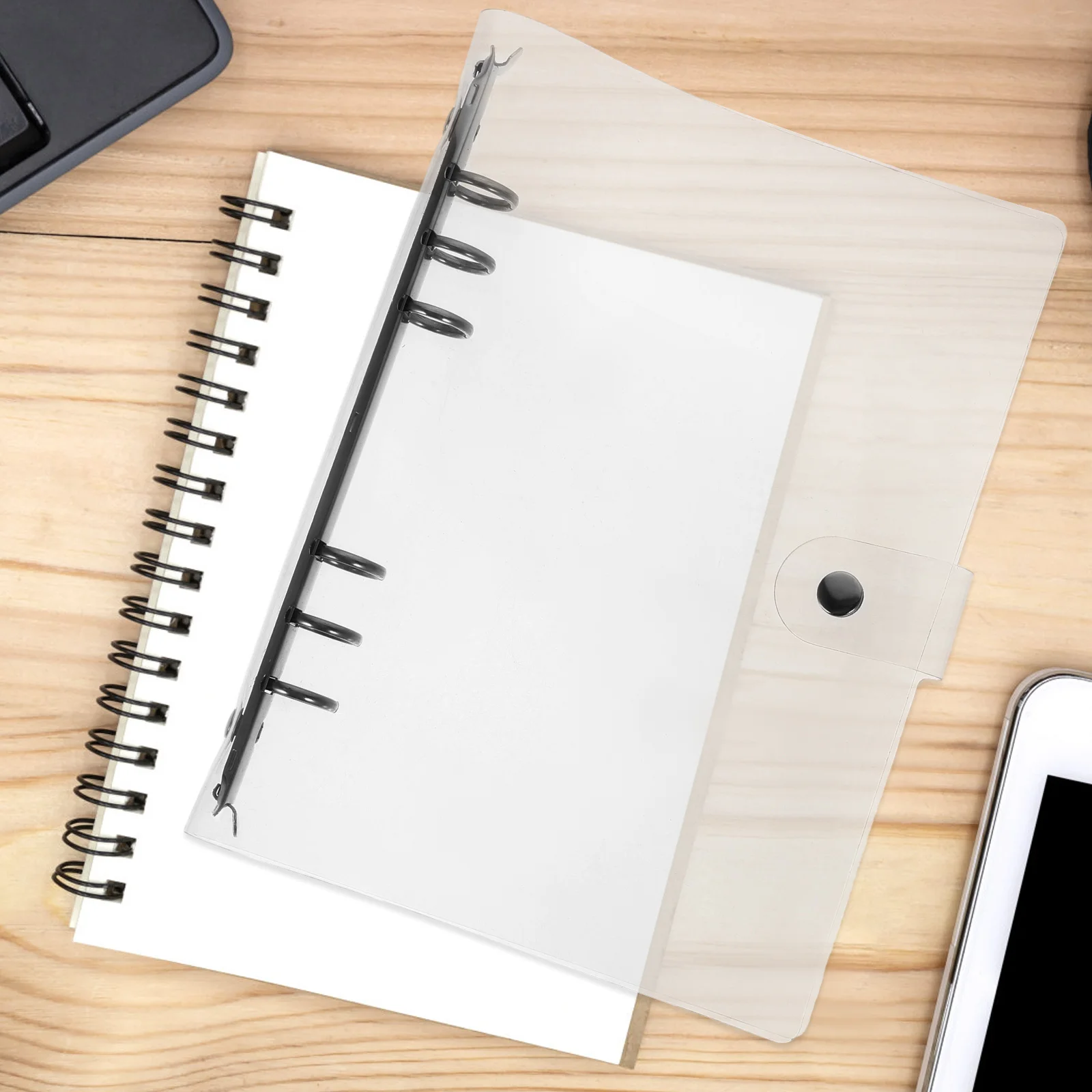 1 set raccoglitore a fogli mobili con guscio in PVC trasparente, copertina per notebook, anello regolabile, chiusura della cintura per documenti scolastici e uffici