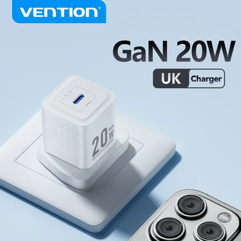 Vention UK GaN 고속 충전기, 아이폰 15, 14, 13, 휴대폰 PD 충전기, USB C 타입, PD3.0, QC3.0, 20W