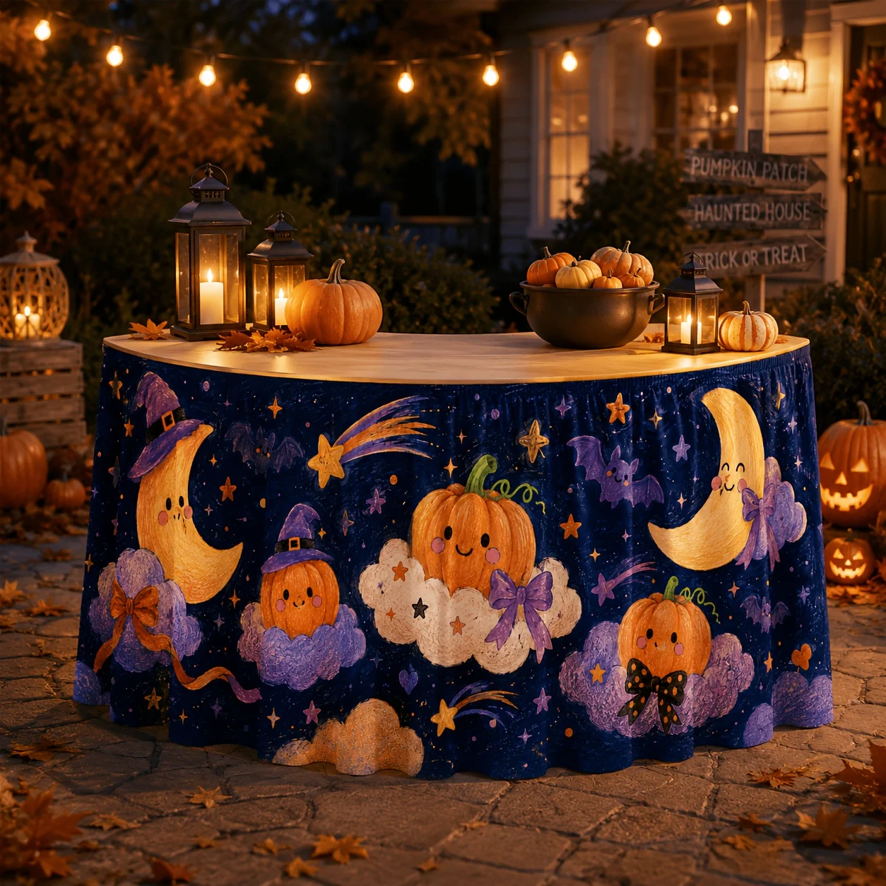 One tablecloth and table skirt, a cute Halloween table skirt with textured crayon-drawn smiling pumpkin faceszyc