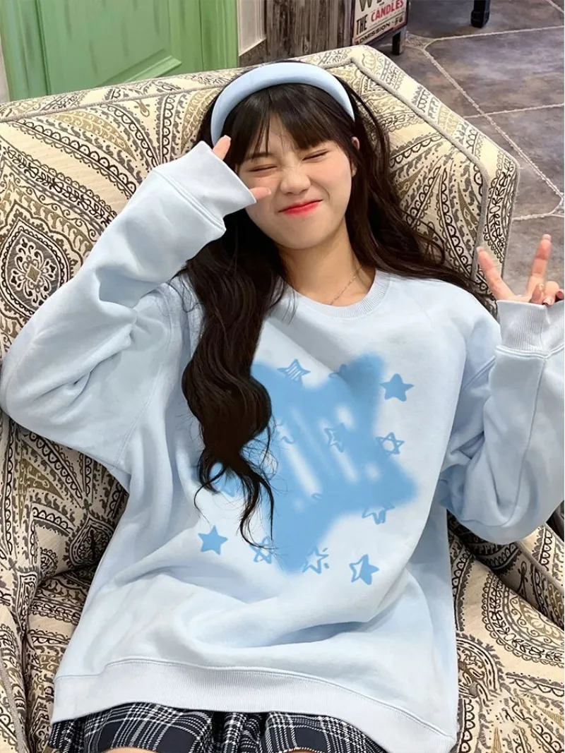 

Vintage Y2k American Sky Blue O Neck Sweatshirts Preppy Style Star Print Tops Women Hoodies Long Sleeve Sweet Sudaderas Mujer