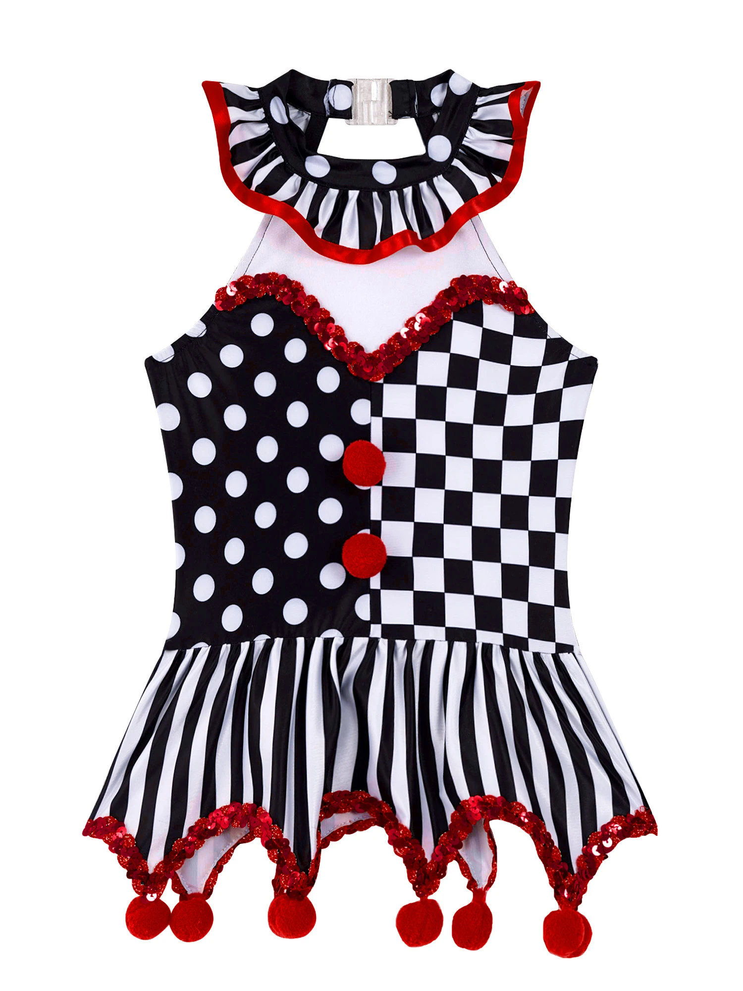 Kids Girls Circus Clown Cosplay Costume Joker Clothes Costume Tutu Dress Sleeveless Stripes Leotard Dress Carnival Fancy Party