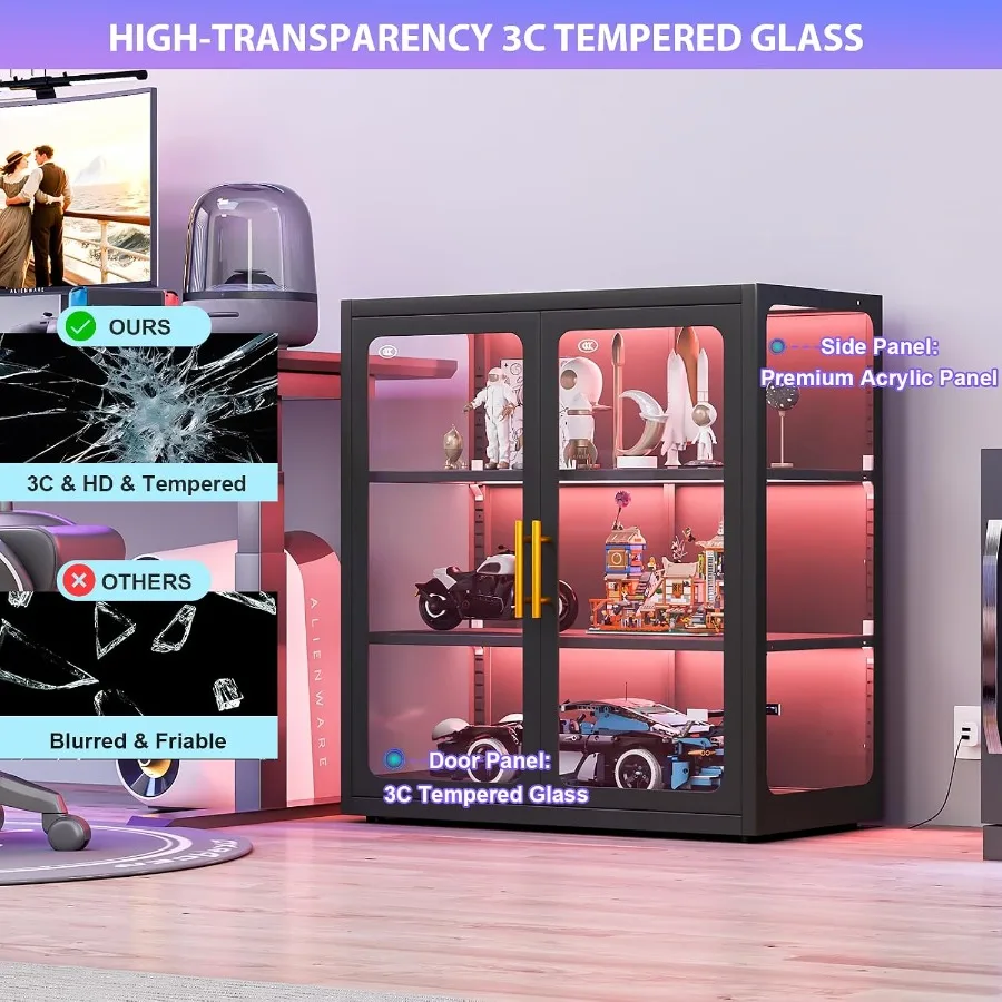 Display Cabinet with Glass Doors and RGB Lights for Collectibles view 3