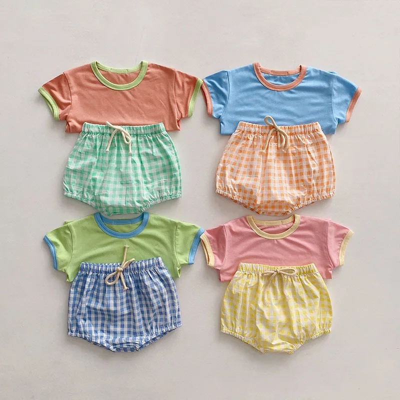 

2025 Summer New Baby Short Sleeve Clothes Set Infant Boy Girl Cotton T Shirts + Plaid Shorts 2pcs Suit Toddler Casual Outfits