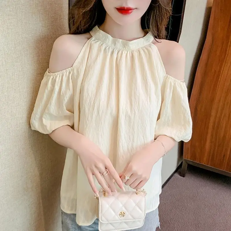 Summer Solid Color Pullover Round Neck Bow Bandage Beaded Puff Short Sleeve T-shirt Korean Fashion Sweet Women\'s Clothing Tops