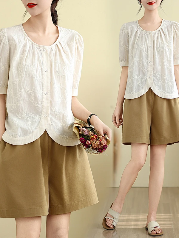 

Embroidered ort Sve irt Women's Faionable round Ne Top Korean Sle Loose Fit Cotton Summer New Arrival Small Size