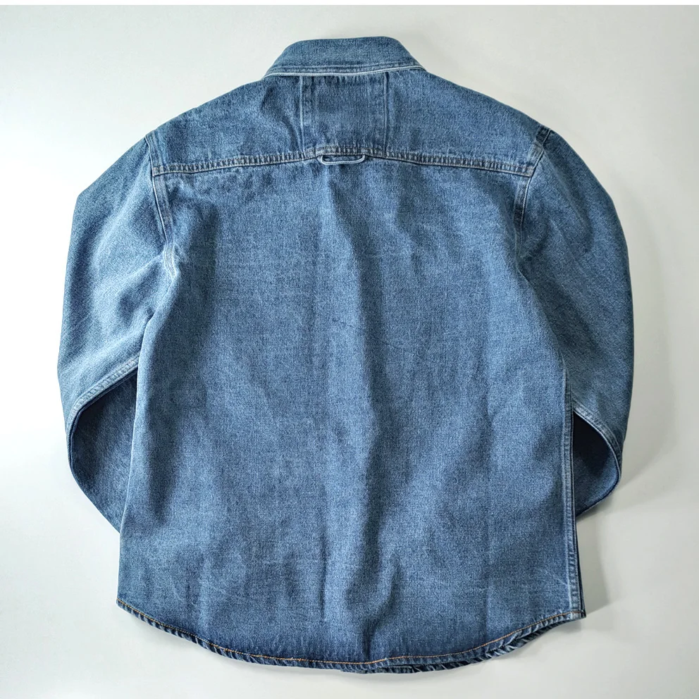 100% bawełna wiosenna i jesienna rozrywka retro kwadratowy kołnierzyk koszula dżinsowa sprany prosty gruby, odporny na zużycie dżinsowy płaszcz z długimi rękawami