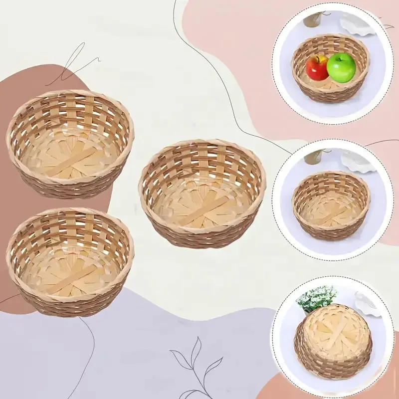 6 قطع من سلال تخزين دائرية منسوجة من الخيزران الطبيعي - سلال تنظيم منزلية مصنوعة يدويًا، حاويات طاولة طعام للرف