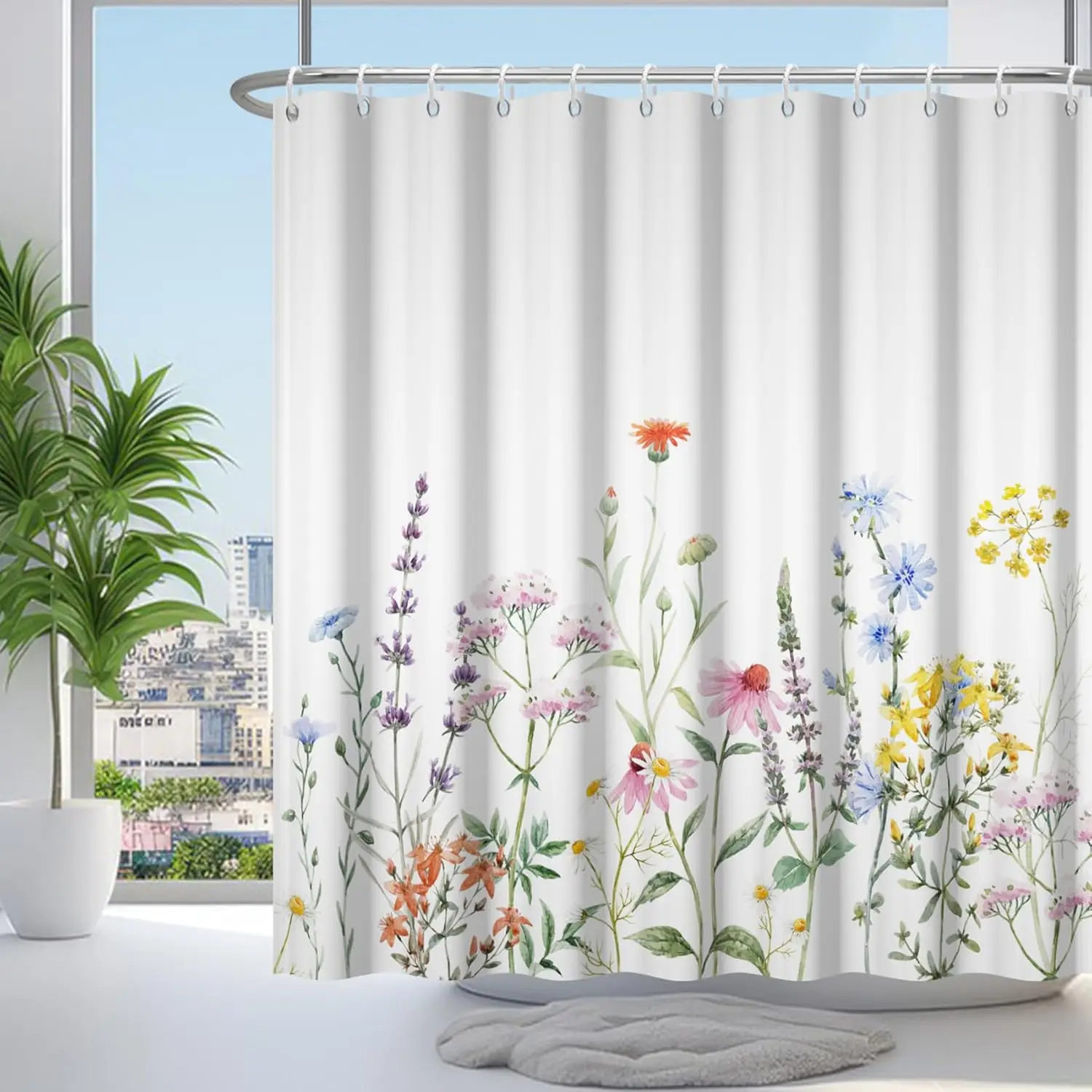 

72x72 Inch Watercolor Wildflower Shower Curtain Colorful Botanical Flowers Garden Nature Decor with Hooks