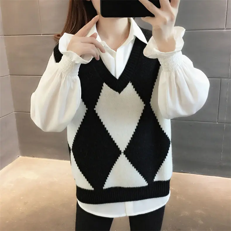 V-neck Sweater Vest Women's Casual Knit Shirt Student Sweet Retro  Spring and Autumn School Classic  Clothing X271