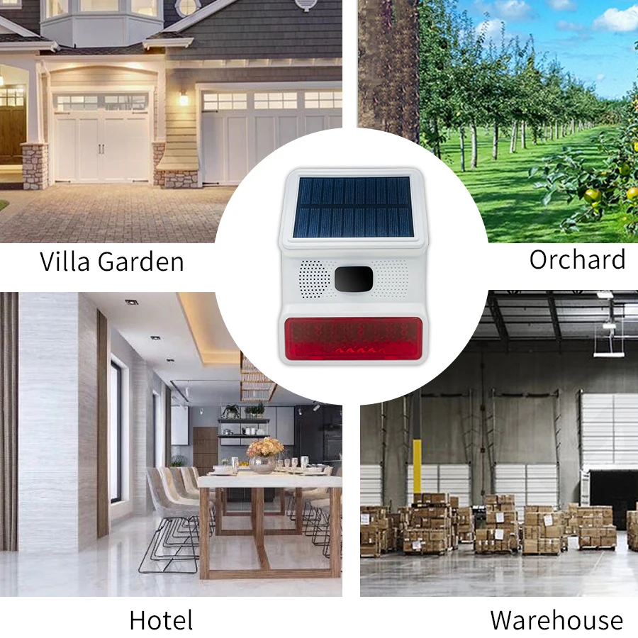 Sirene de alarme, sirene externa sem fio de 433 MHz, externa movida a energia solar com função de alarme de luz piscante LED, fácil configuração, segurança Sy