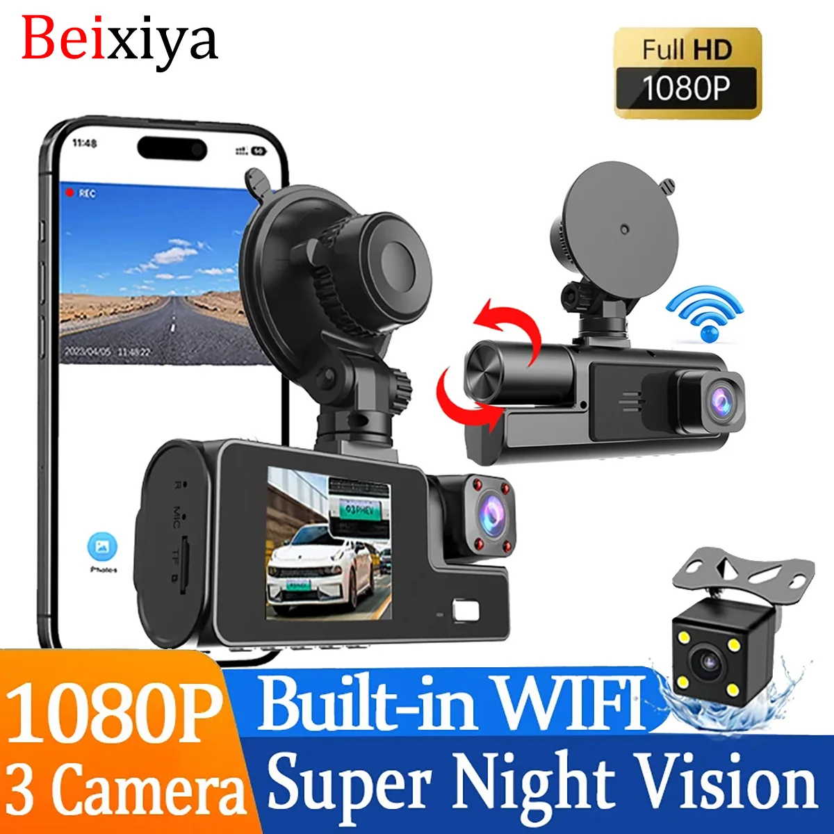 Beixiya 3 Channel Dashcam Front and Rear Inside 1080P Wifi Car Camera DVR Auto Dash Cam Automovil with Super Night Vision