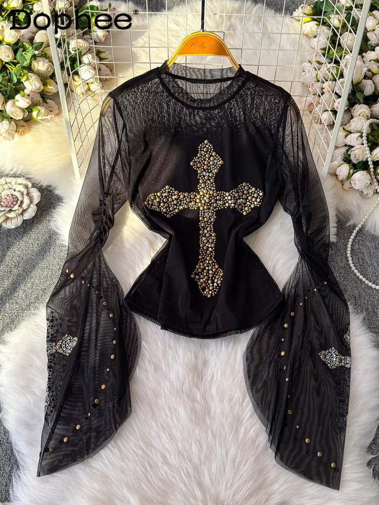 

Perspective Sexy Tops Women's Clothing 2025 Summer Design Sense Metal Beads Slim and Thin Flared Sleeves Blouse Mesh T-shirt