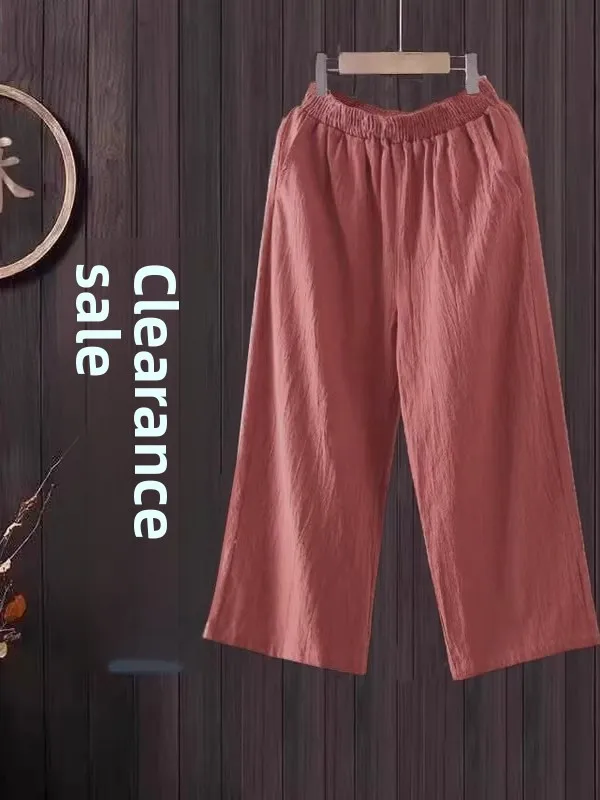 الصيف العصرية المرأة القطن الكتان واسعة الساق سراويل تقليدية عالية الخصر مرونة الخصر سبعة أقدام السراويل الكورية Sle تخفيف الرياح #3