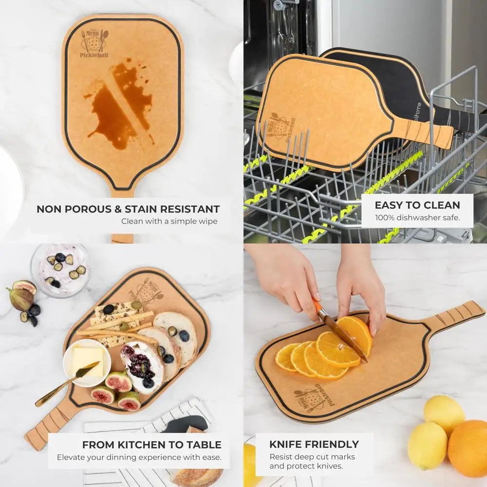 

Pickleball-Themed Charcuterie Board, 16x8.5 Wood Fiber, Paddle Shape with Handle, Dishwasher Safe, Reversible, Juice Groove for