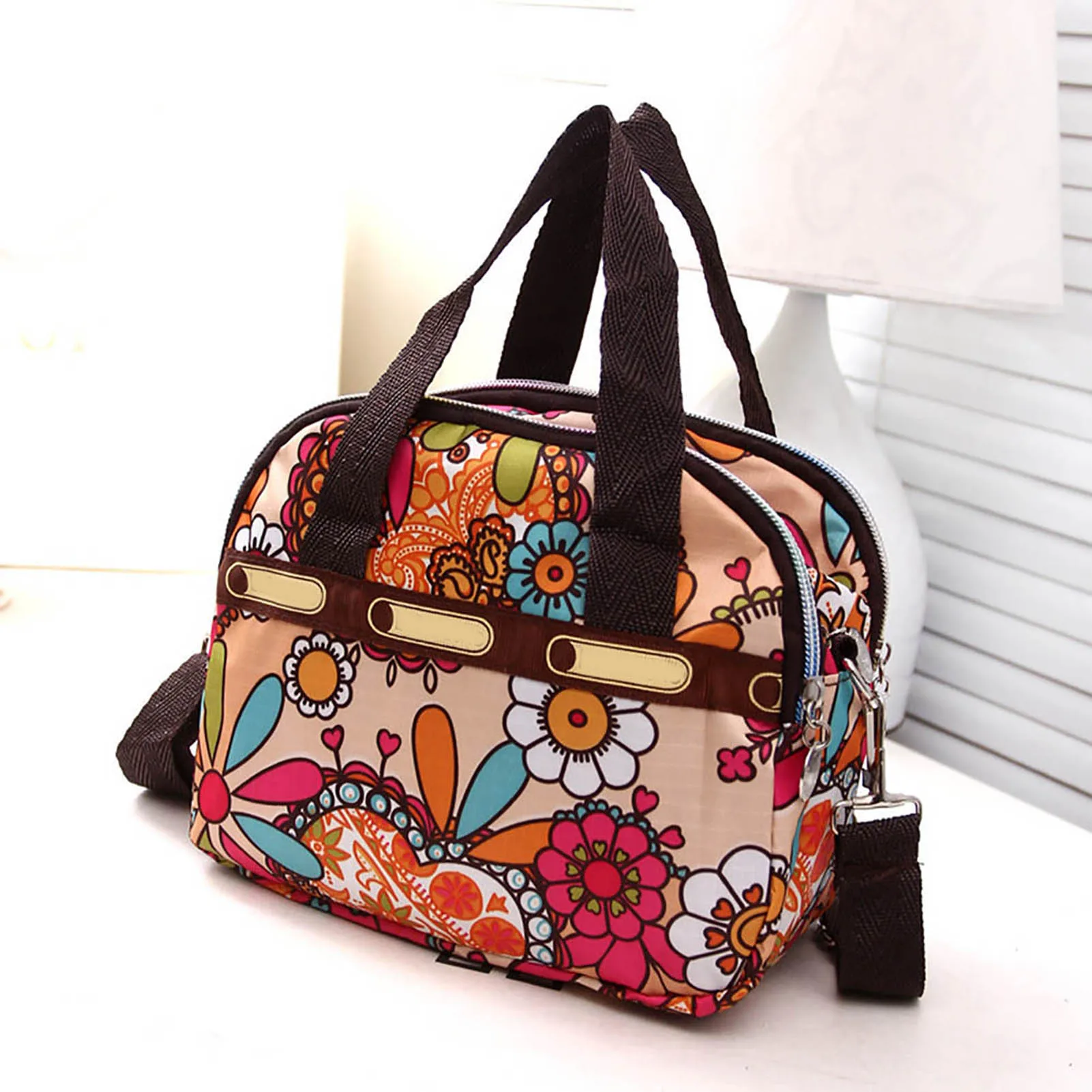 Bolso de mano con estampado Floral colorido para mujer, bolso de hombro cruzado de nailon informal con cremallera y múltiples bolsillos