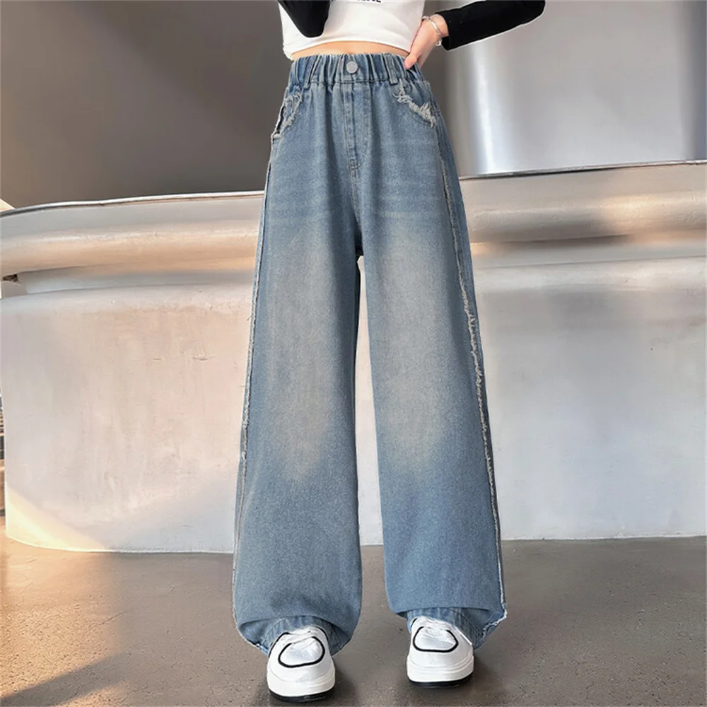 24605 Fashionable Summer Slim Wide Leg Pants Students Girls Jeans Children\'s Kid Jeans Denim Straight Leg Pants