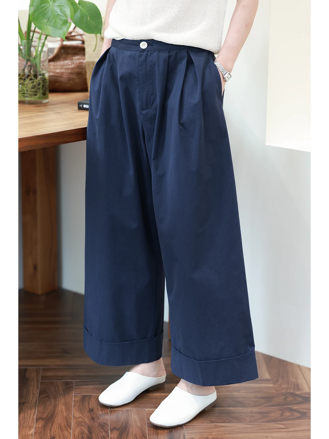 

Comfortable Breathable Thin Cotton Blue Waed Loose Wide Leg Pants for Women High Waist Straight Cut Casual Trousers