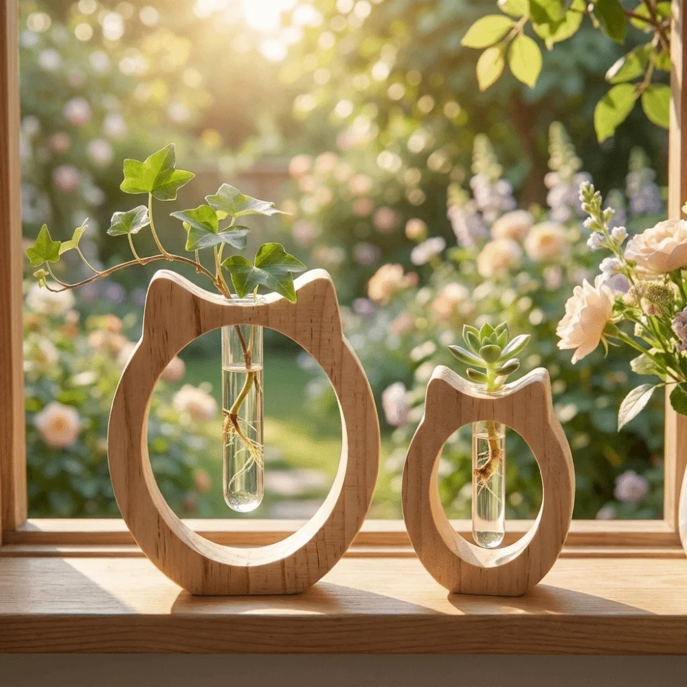 Minimalist Hydroponic Plant Vases Creative Wooden Table Centerpiece Planter Modern Style Glass Cylinder Tube Vase Workspace