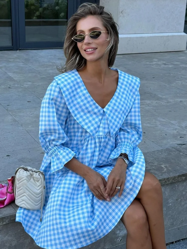 

Elegant Blue Plaid Women Mini A-line Dress Loose Lapel Half Sleeve High Waist Dresses 2025 Summer Lady Beach Holiday Streetwear