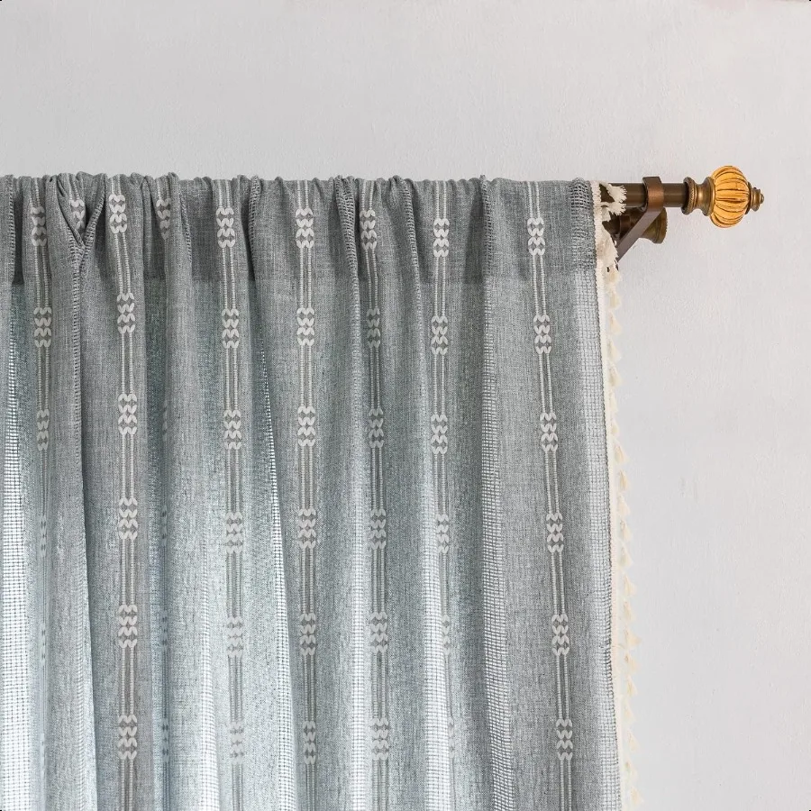 

Boho Embroidery Striped Farmhouse Curtains 84 Inch Long 2 Panel Set Blue Linen Tassel SemiBlackout for Bedroom Living Room 52 W