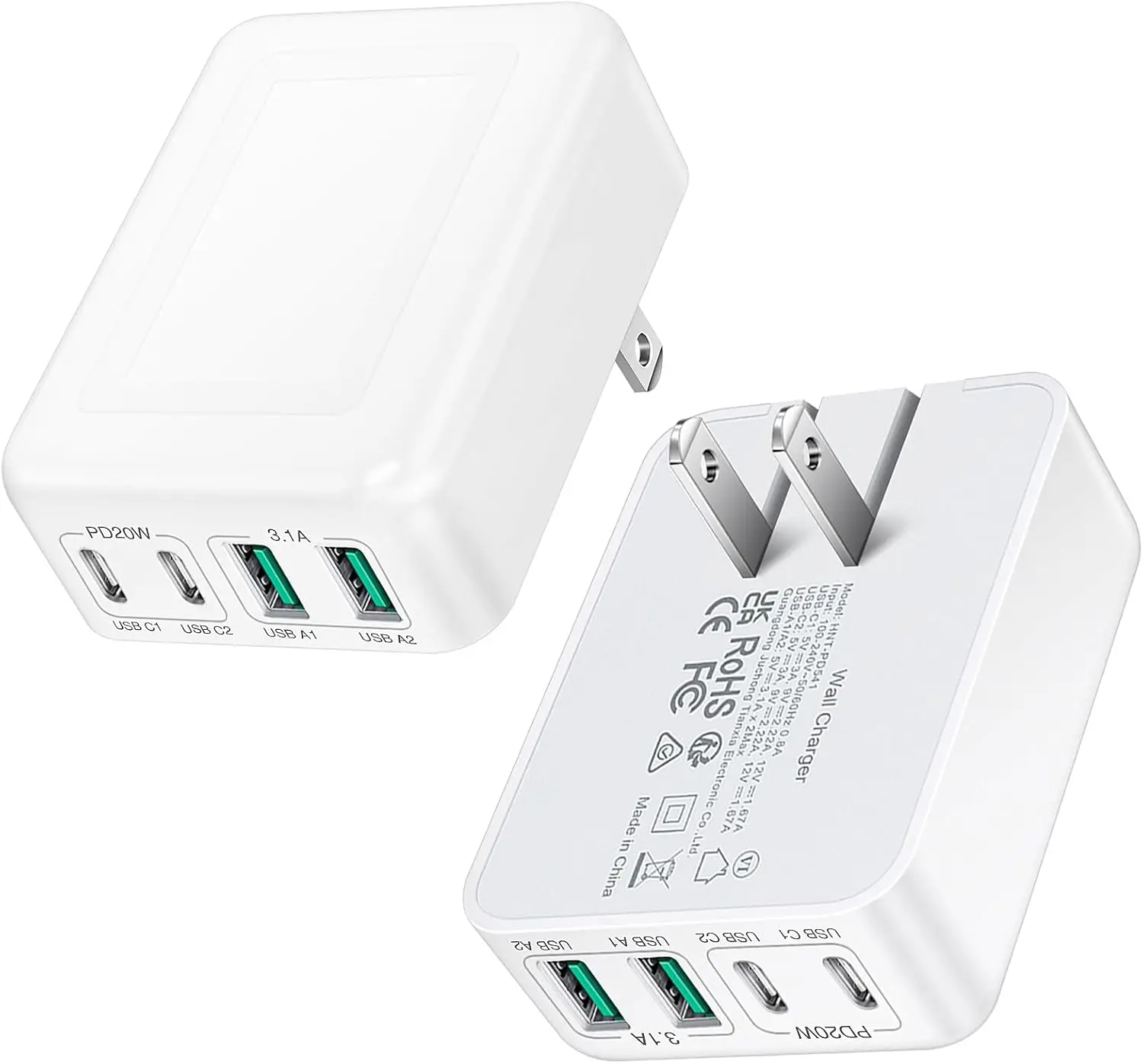 2Pack 40W 4-Port USB C Charger Block, Foldable Fast Charging Wall Plug, Thin Cube for iPhone Samsung Pixel Tablets