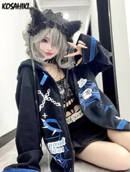 Harajuku Kawaii Hoodies Women Y2k Aesthetic Grunge Tops 2024 Loose Casual Zip Up Sweatshirt Rabbit Ear Cartoon Print Streetwear