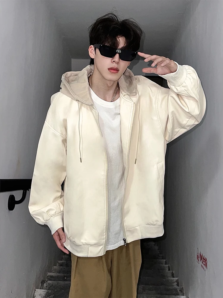 

American High Street PU Leather Jaet Men's Loose Trendy Retro Oversize Hooded Coat Youthful Casual Polyester Fabric