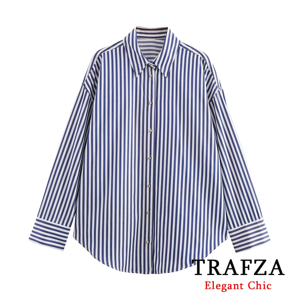 

TRAFZA-Women Minimalist Poplin Shirt Loose Casual Striped Shirt New Fashion 2025 Spring Autumn Office Lady Commuter Basic Shirt
