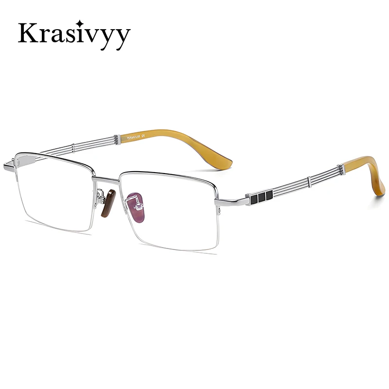 

Красивая квадратная оправа для очков из чистого титана, мужская, ультралегкая, в деловом стиле, с полуоправой из рога буйвола, брендовые оптические очки