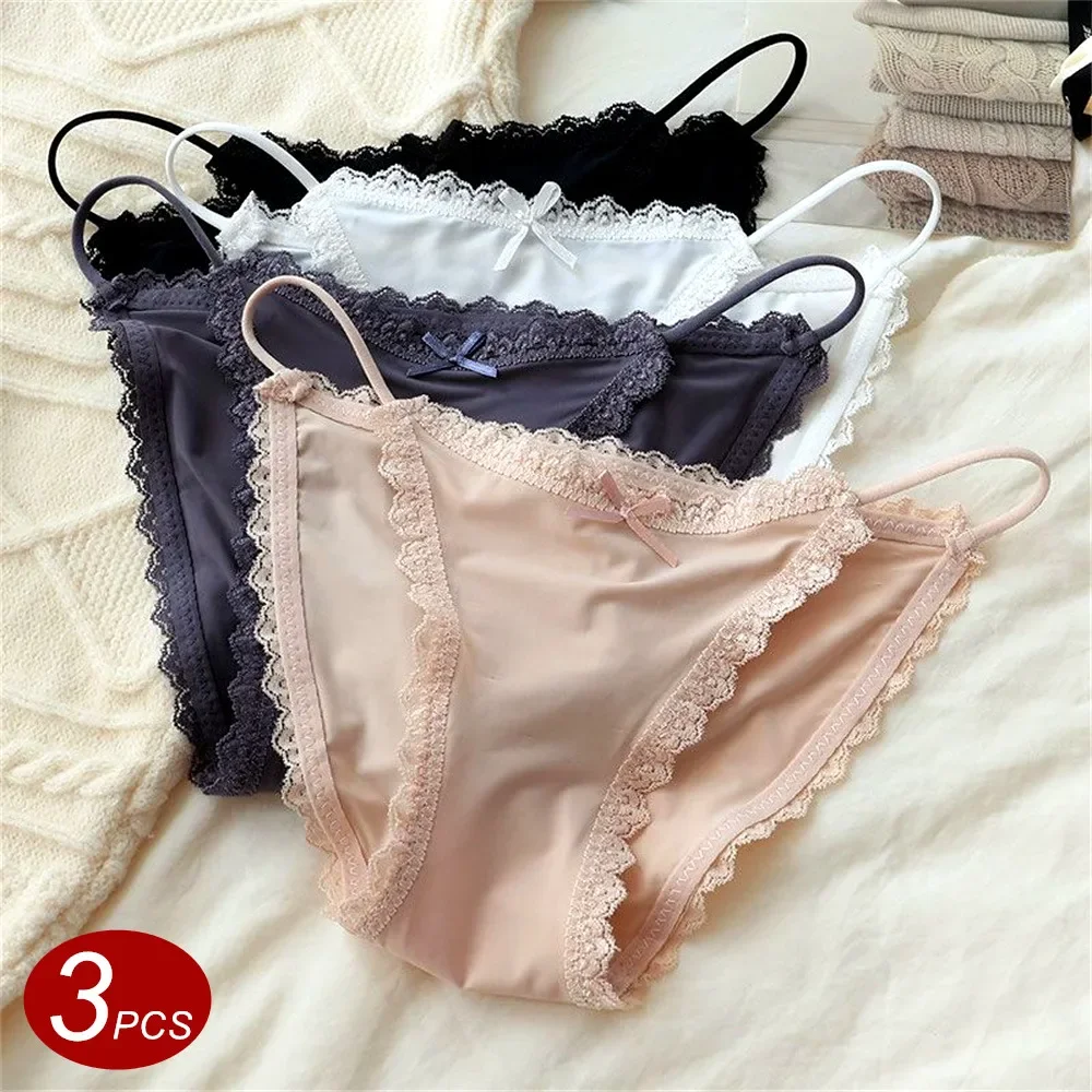 

3pcs Strap Ice Silk Underwear Women Sexy Thin Breathable Lace Briefs Cotton Crotch Mid Rise Female Panties