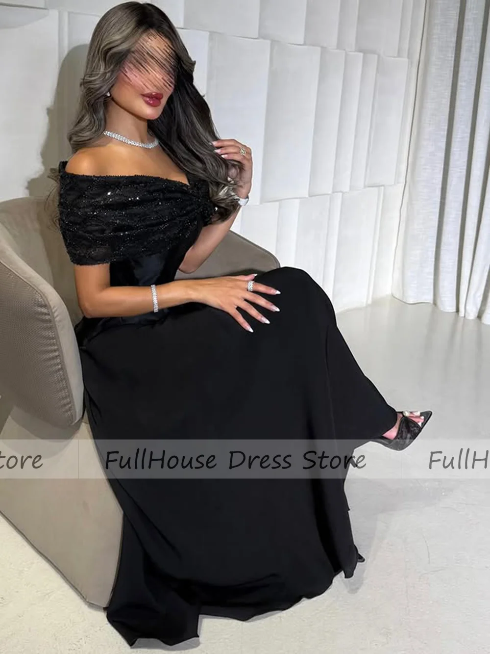 أدلى مخصص رائع أسود قبالة الكتف مطرز الترتر مثير غمد ثوب مسائي مطوي عارية الذراعين ماكسي طول فستان عربي سعودي