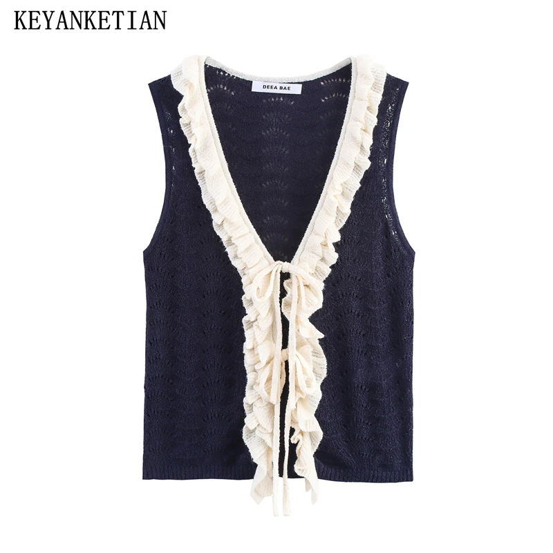 

KEYANKETIAN Summer New Tiered Decoration Bow Lace Up V-Neck Sleeveless Sweater Vest Holiday wind Women's Knit Shirt Camisole