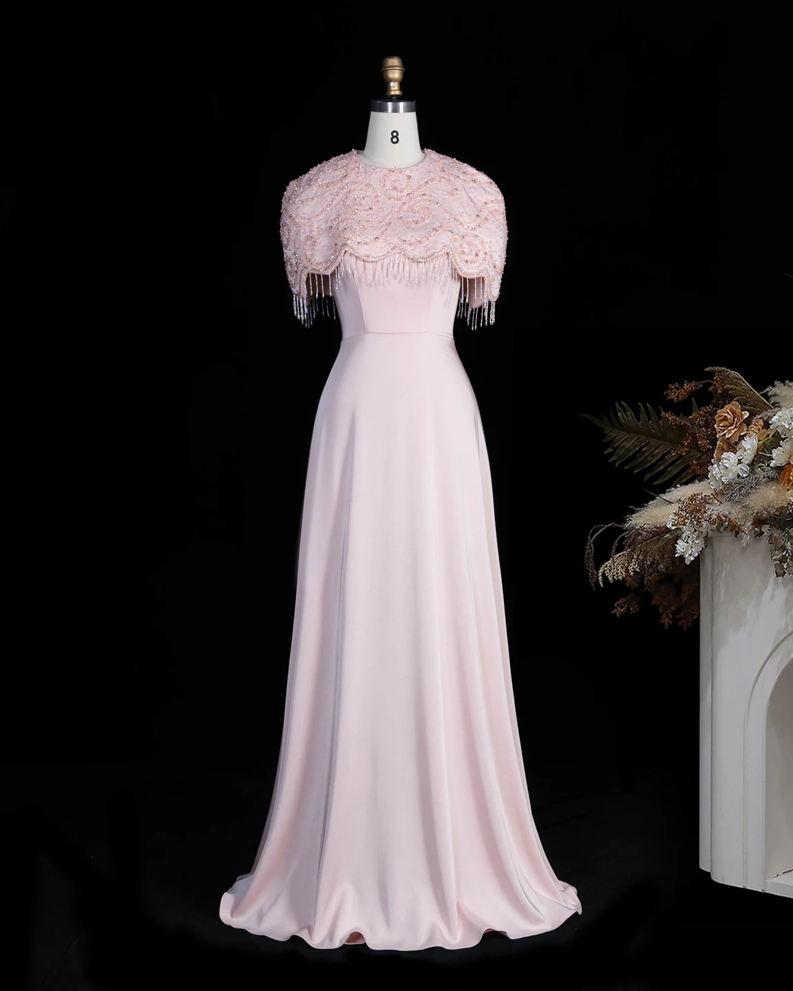 Sharon Said Abendkleid, elegantes A-Linien-Modell, Rundhalsausschnitt, Perlen, Quasten, Dubai, formelle Party, Hochzeitsgastkleid, SS614, nach Maß – Detail 5