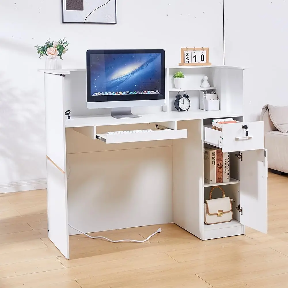 50" Reception Desk – Modern Front Desk with Lockable Drawer, Keyboard Tray, Storage Cabinet, Built-in Power Outlet, LED Lights & view 6