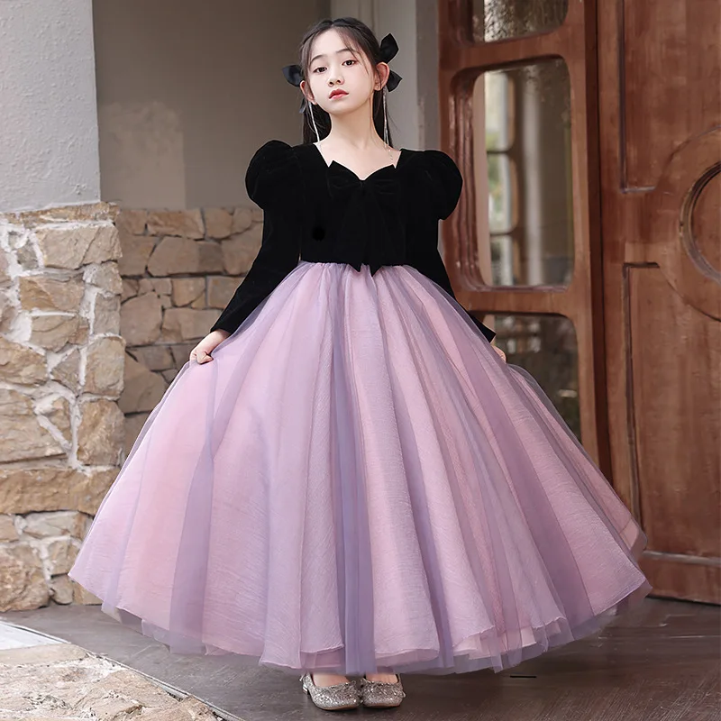 

Luxurious Children Evening Dress v-Neck Long Sleeve Princess Dress Kids Girls Tulle Piano Performance Wedding Winter Costume