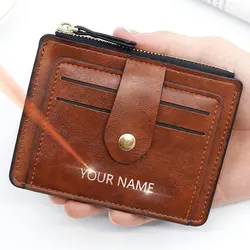 New Mini Men Card Wallets Free Name Engraving Slim Purses Zipper Coin Pocket Luxury Small Men's Wallet Unisex Card Holder