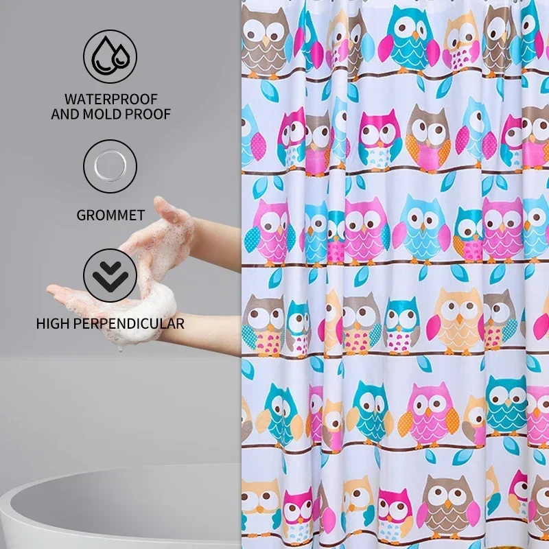 PEVA Owl Shower Curtain Home Waterproof and Anti-Mold Home Bathroom Decorative Curtain with 12 Hooks