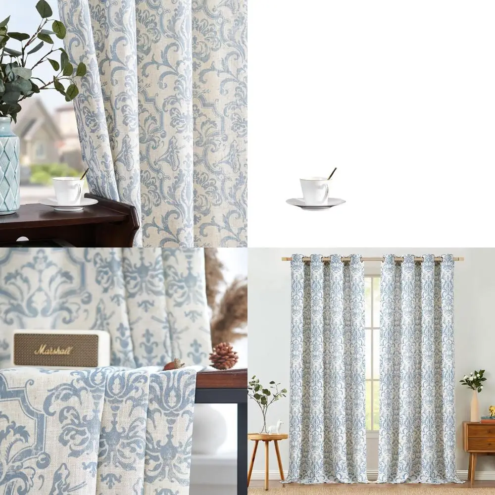 

Baroque Style Linen Blend Curtains, Light Filtering, 96 Length, 2-Panel Set, Vintage Damask, Grommet Top, Blue on Flax, W52xL96