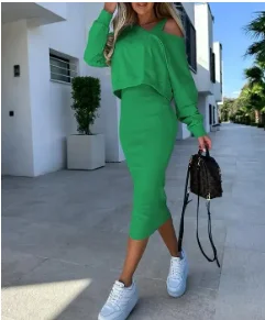 

Women's Fashion Two-Piece Set 2023 Solid Color Sleeveless Slim Long Dress and Casual Loose Deep V-Neck Elegant Sweater Set