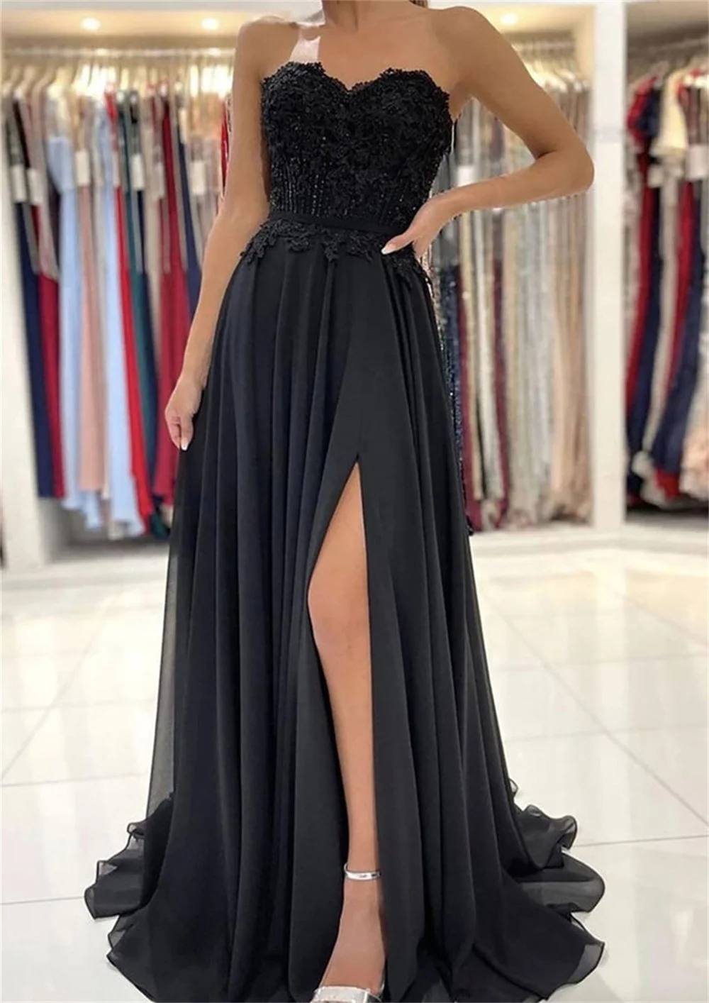 Bella Black Tulle Prom Dresses Strapless A-line Wedding Dress Elegant Sleeveless Sexy Side High Split Vestidos De Fiesta 2024