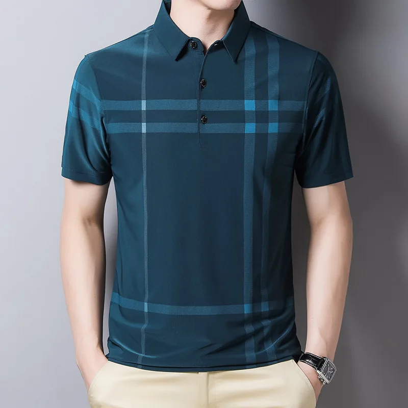 Summer Short Sleeve Polo T-shirt Male Casual Clothing Ice Silk Polo Shirt Formal Plaid Tops