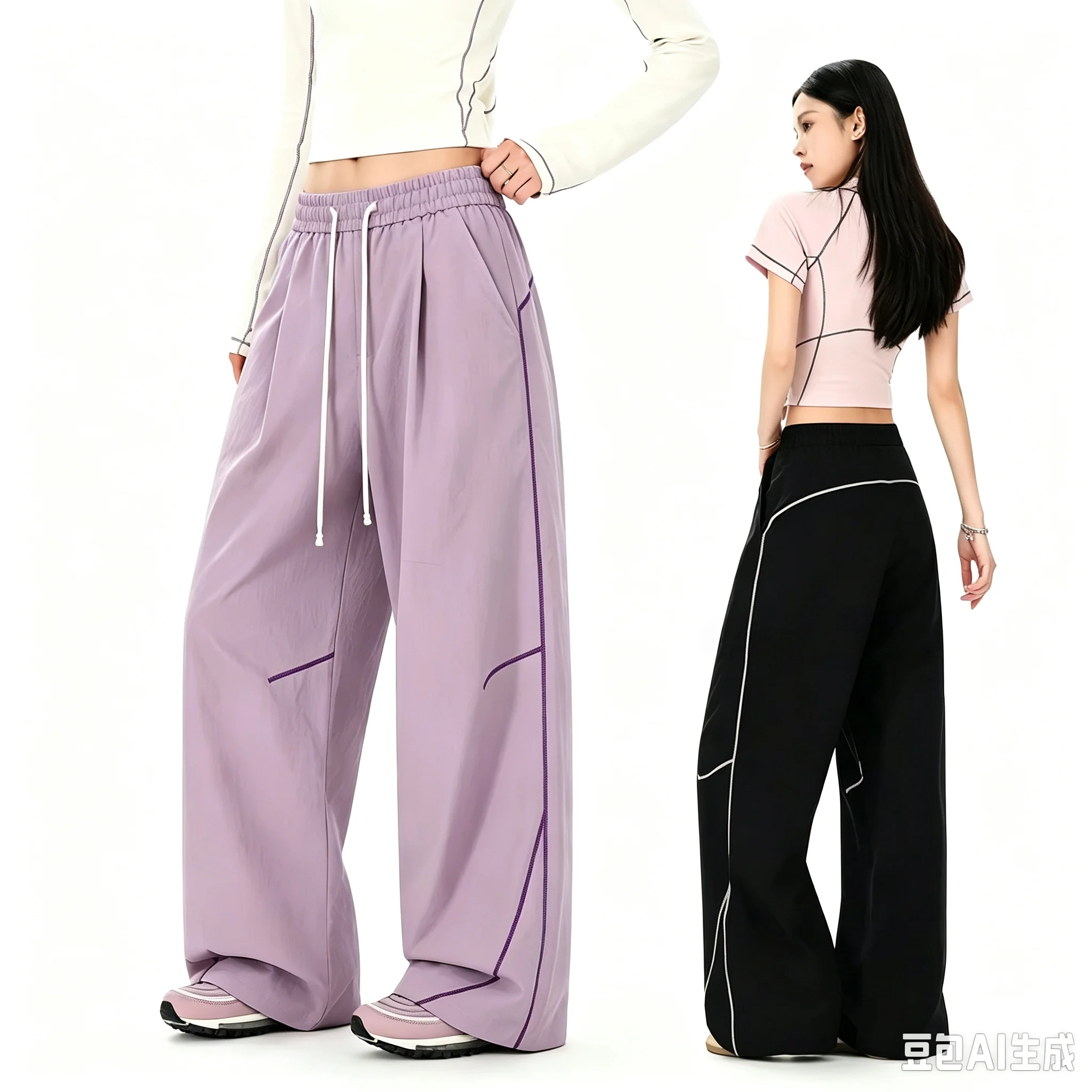 Unisex Straight Long Pants Quick Dry Hip Hop Trousers Color Contrast Stitch Elastic Waist White Drawstring Streetwear Pants