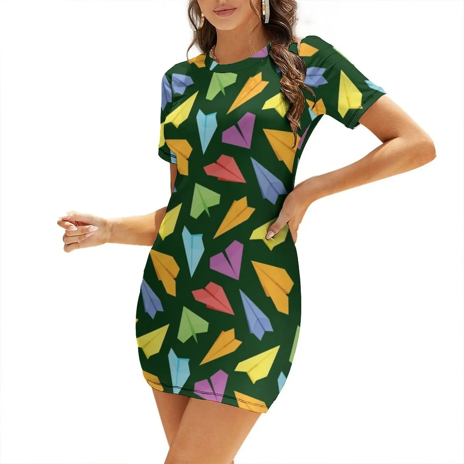 

Colorful Paper Airplanes - Dark Green Background Short-Sleeved Dress dresses with long sleeves Dress