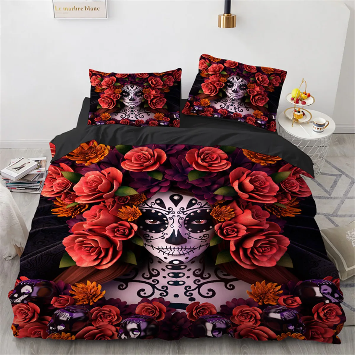 

Girls Skull Duvet Cover Vintage Sugar Skull Girl Teens Day of The Dead Bride with Dark Color Roses Graphic Bedroom Decorations