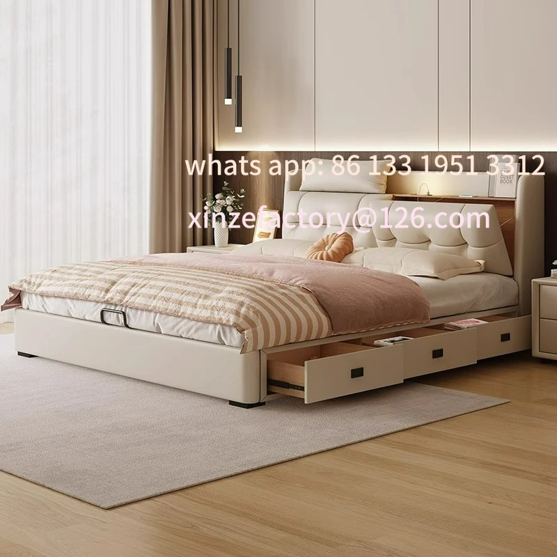 

Customizable Cream Wind Storage Multifunctional Master Bedroom Leather Modern Simple Double Drawer Queen Bed Storage