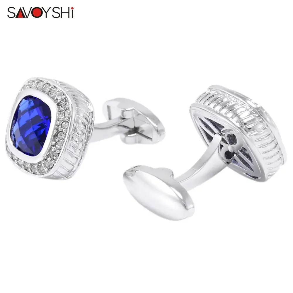 SAVOYSHI Luxury Square Crystals Cufflinks for Mens French Shirt High Quality Blue Cuff links Wedding Grooms Gift Man Jewelry