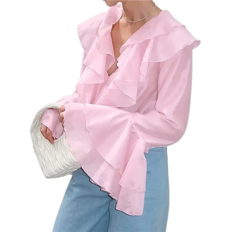 

CYL-Women's Ruffle V Neck Flounce Long Sleeve Elegant Business Work Blouse Shirt Top