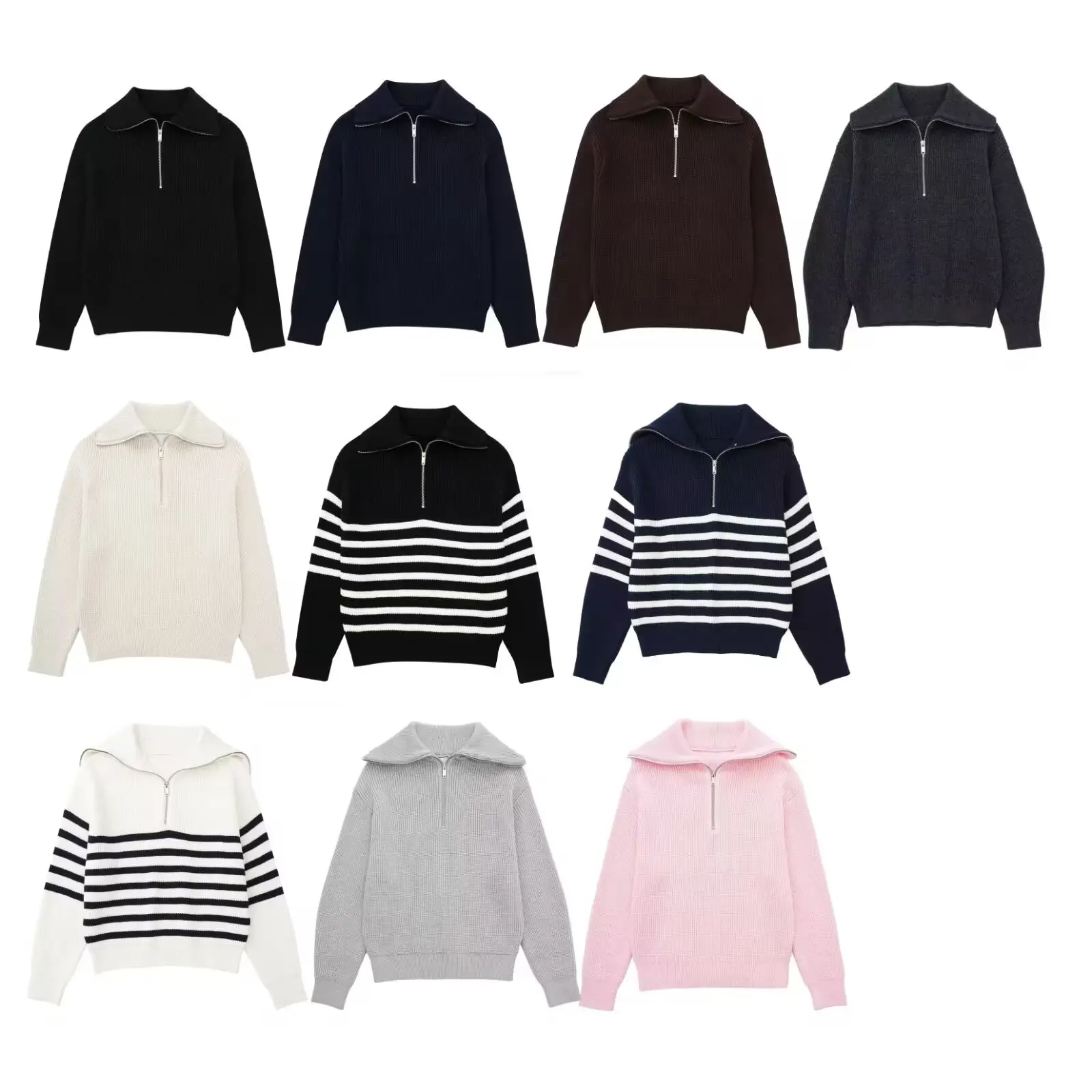 PB&ZA Women 2024 Autumn New Fashion Half Zip Striped Blend Sweater Vintage Button Casual Chic Female Pullovers Chic Tops