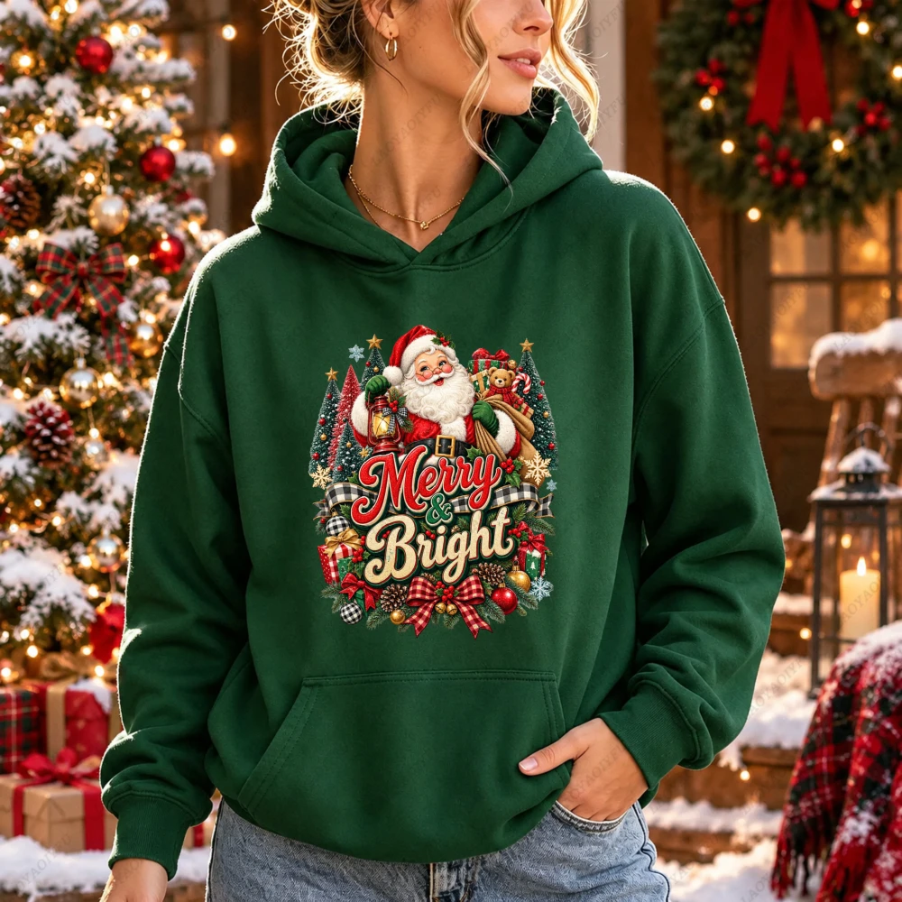 Merry and Bright Santa Claus Lantern Teddy Gifts Plaid Print Women Hoodie Xmas Holiday Winter Festive Fashion Essential Hoodie
